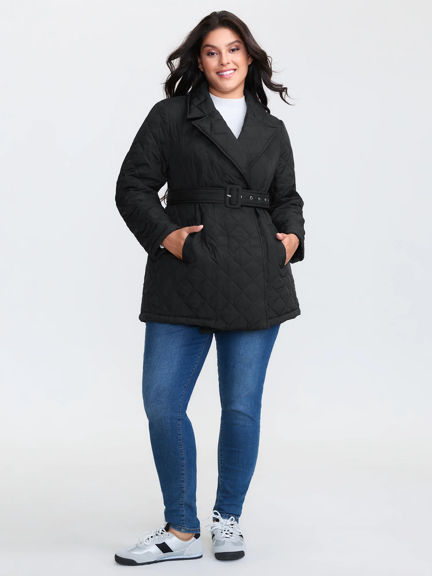 Quilted Adjustable Belt Solid Color Coat - Image 2