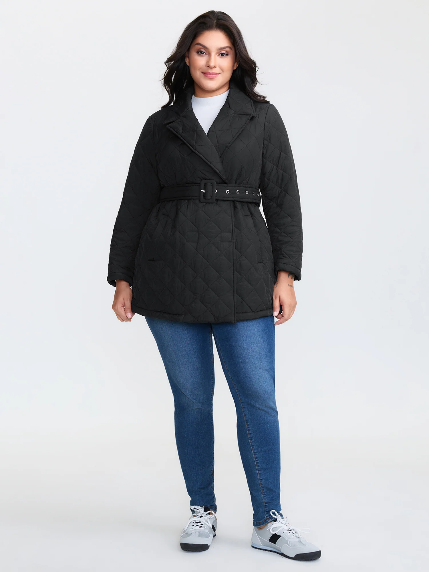 Quilted Adjustable Belt Solid Color Coat - Image 3