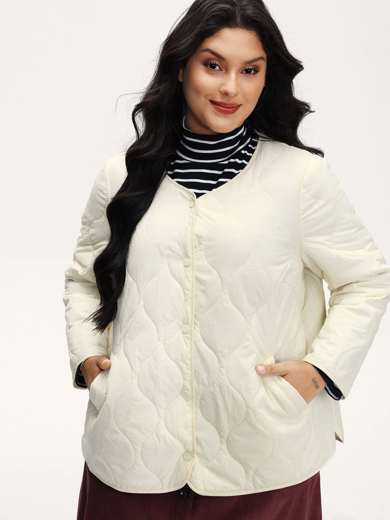 Quilted Cotton Button Round Neck Jacket - Image 2