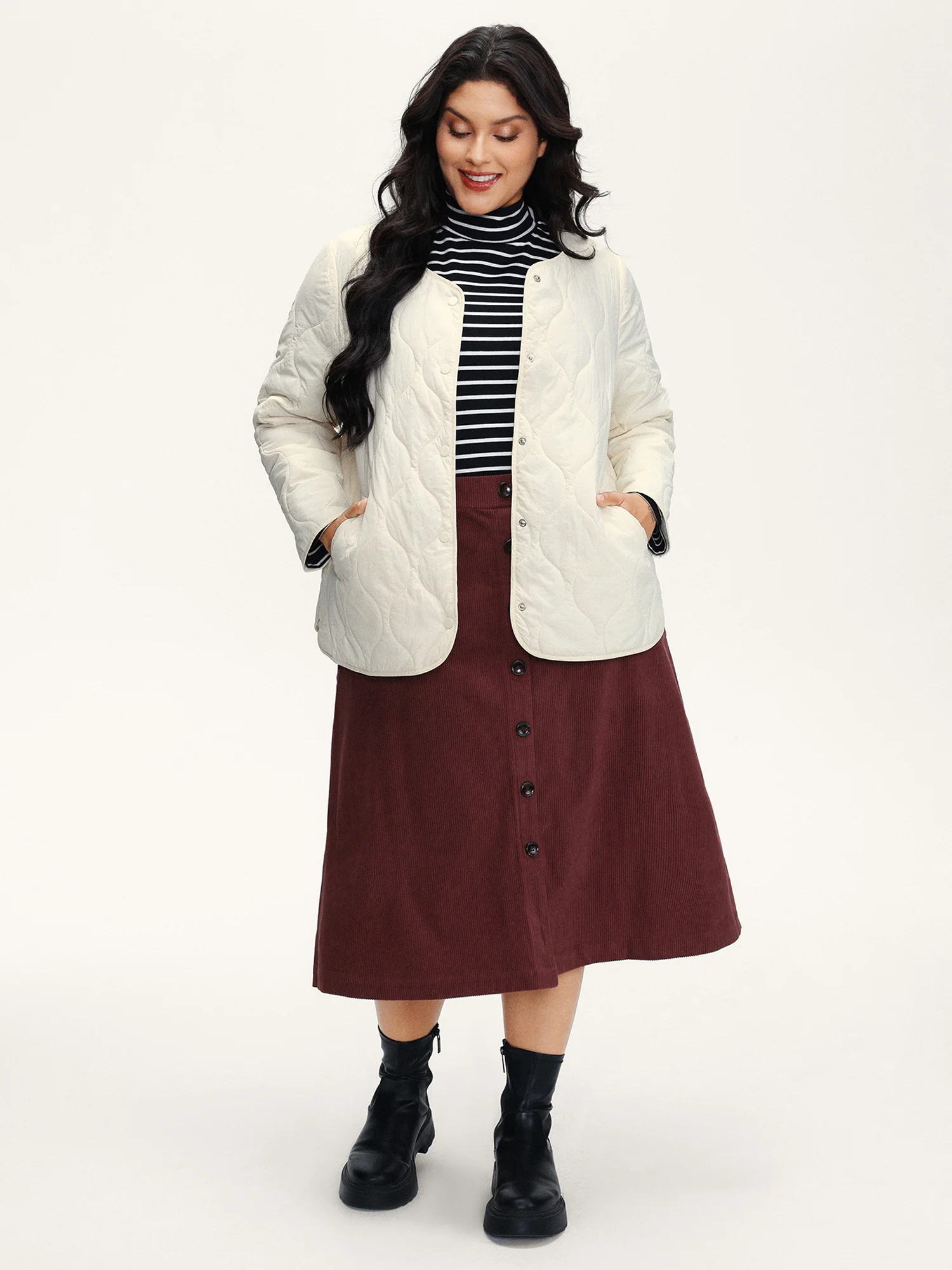 Quilted Cotton Button Round Neck Jacket - Image 3