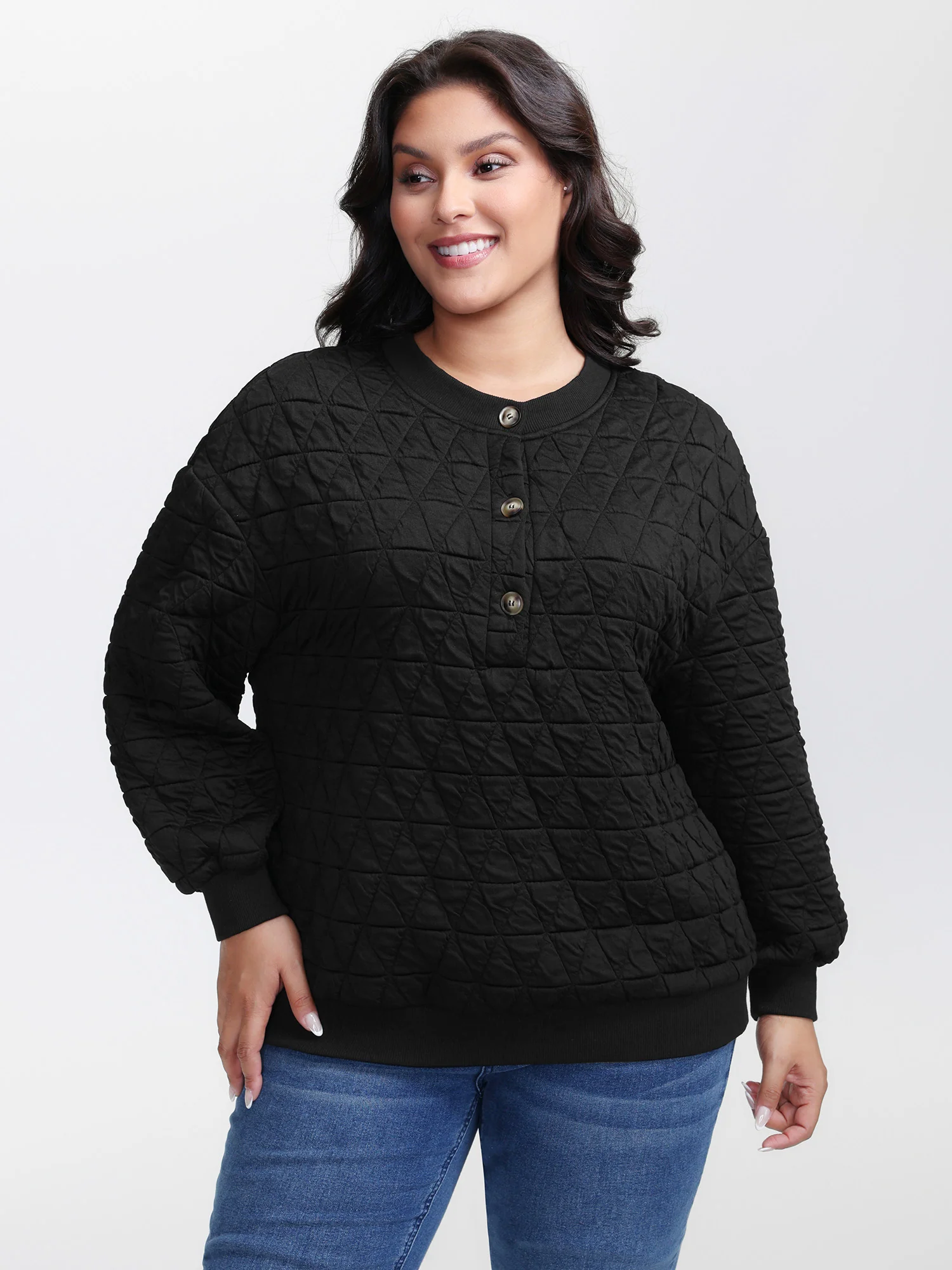 Quilted Cotton Placket Button Sweatshirt