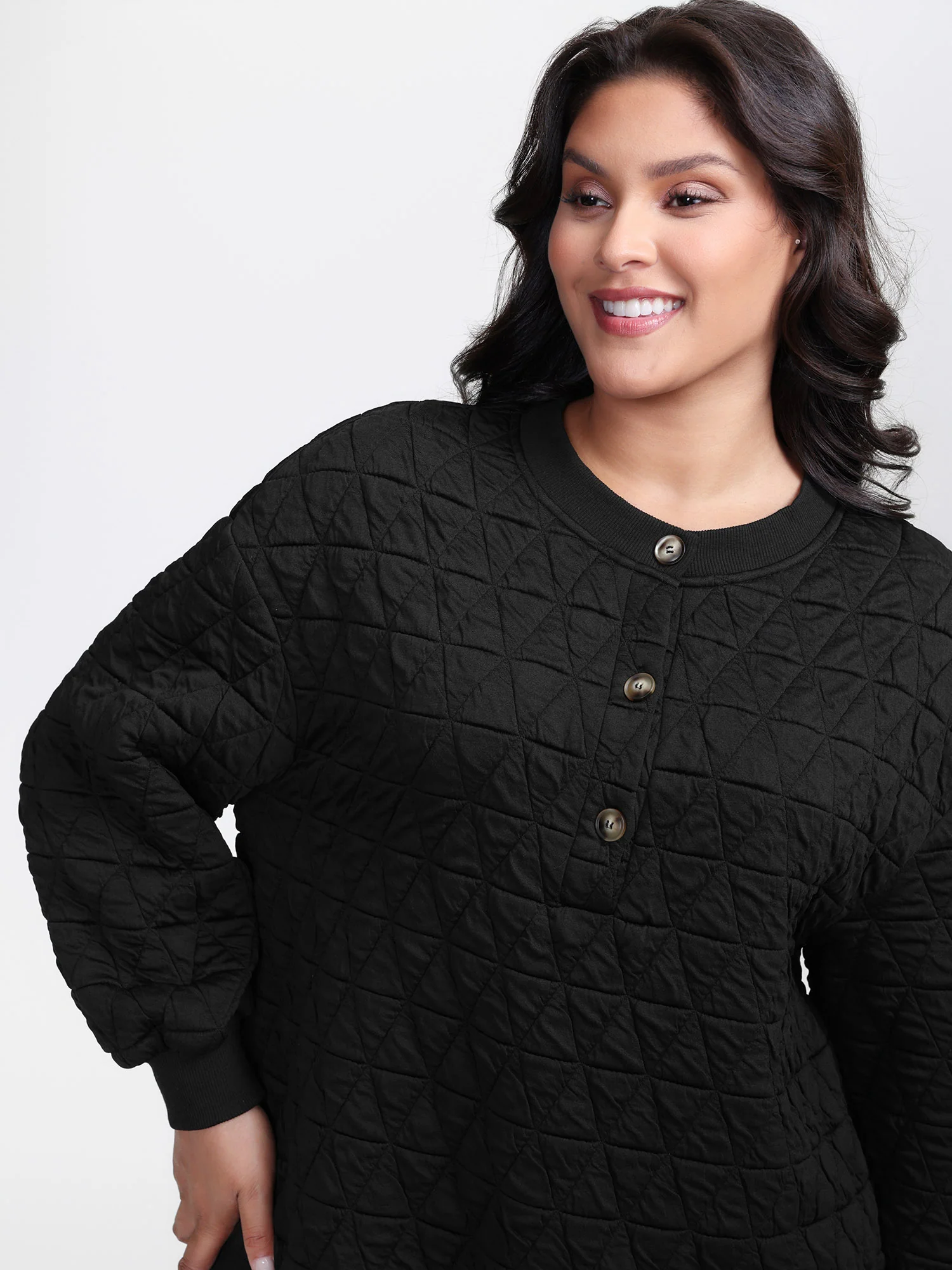 Quilted Cotton Placket Button Sweatshirt - Image 2