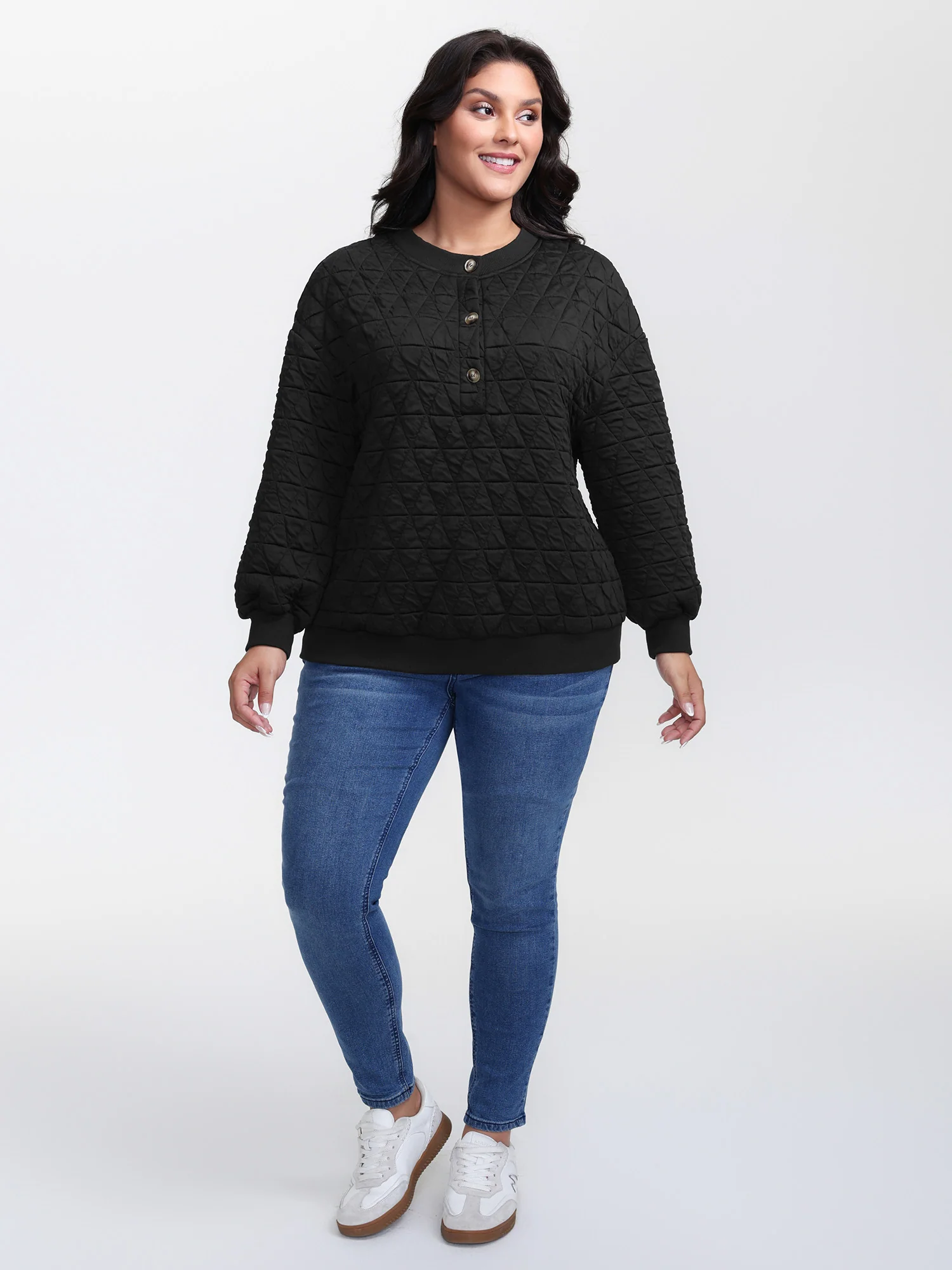 Quilted Cotton Placket Button Sweatshirt - Image 3