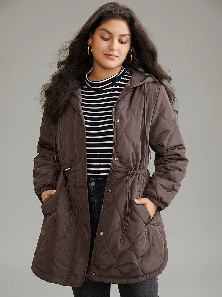 Quilted Drawstring Hooded Pocket Zipper Cotton Jacket - Image 2