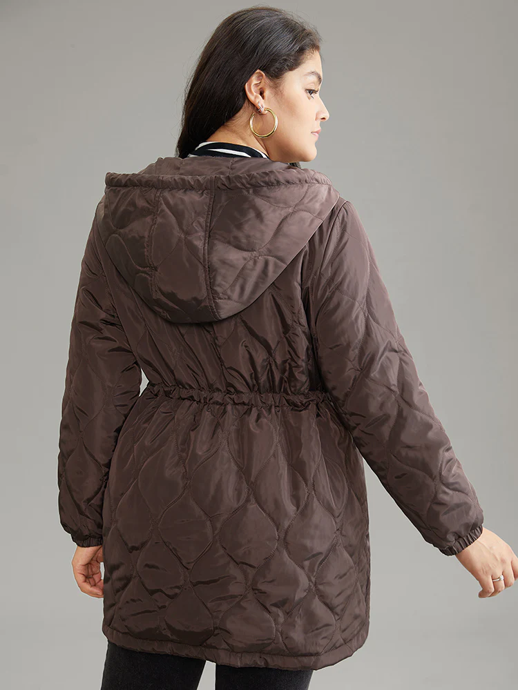 Quilted Drawstring Hooded Pocket Zipper Cotton Jacket - Image 3