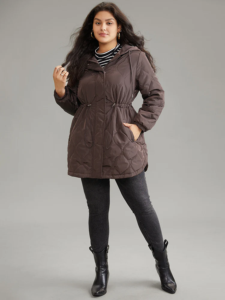 Quilted Drawstring Hooded Pocket Zipper Cotton Jacket - Image 4
