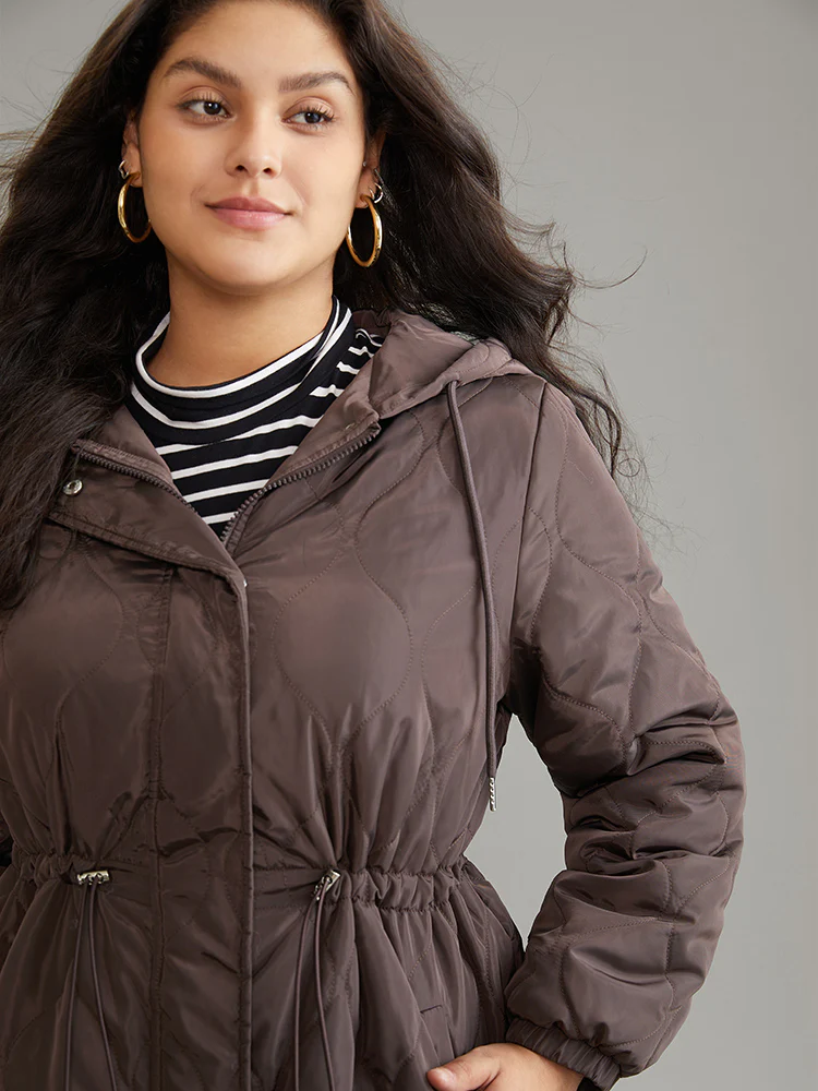 Quilted Drawstring Hooded Pocket Zipper Cotton Jacket - Image 5