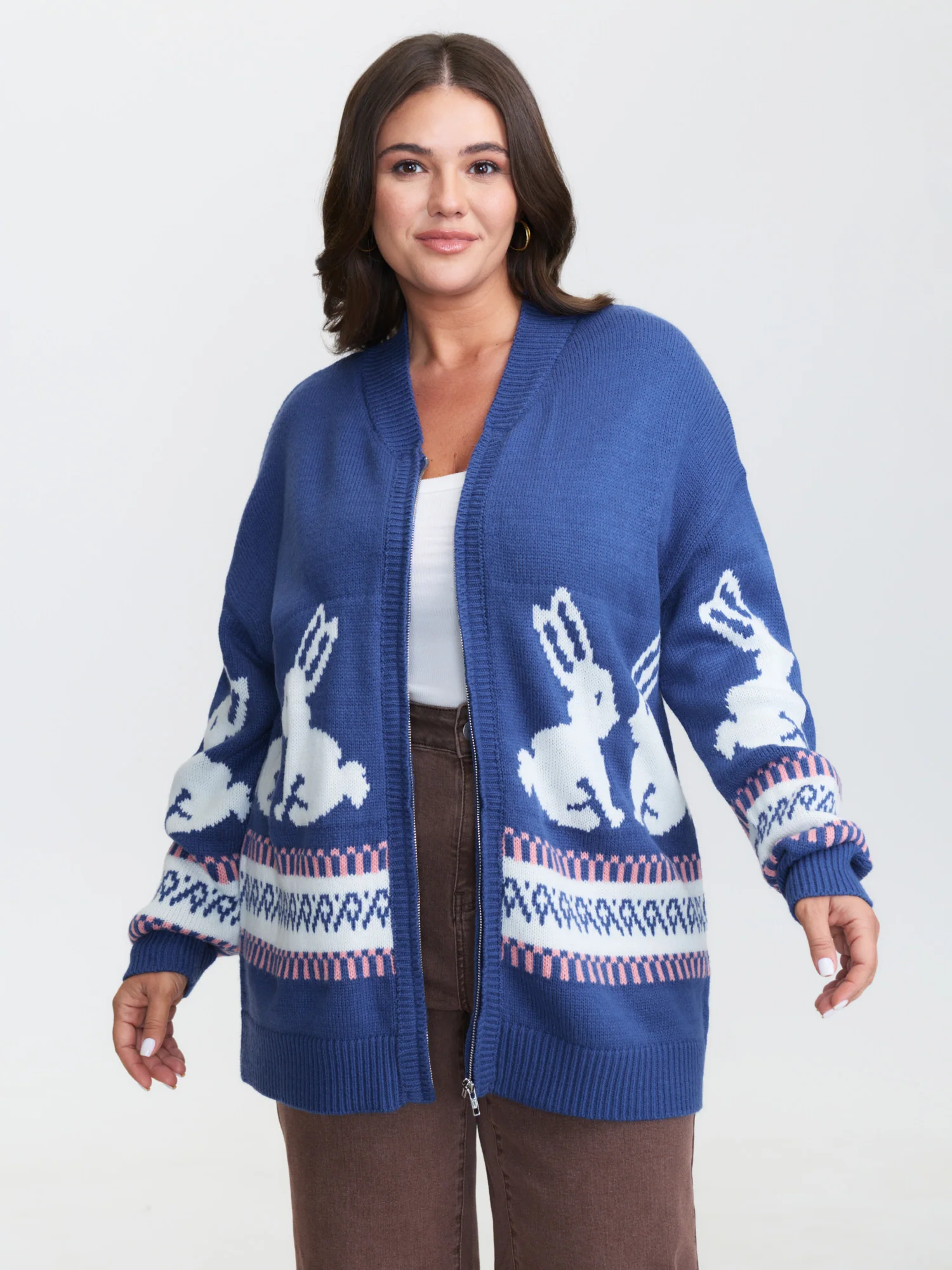 Rabbit Pattern Zipper Baseball Collar Knit Cardigan - Image 2