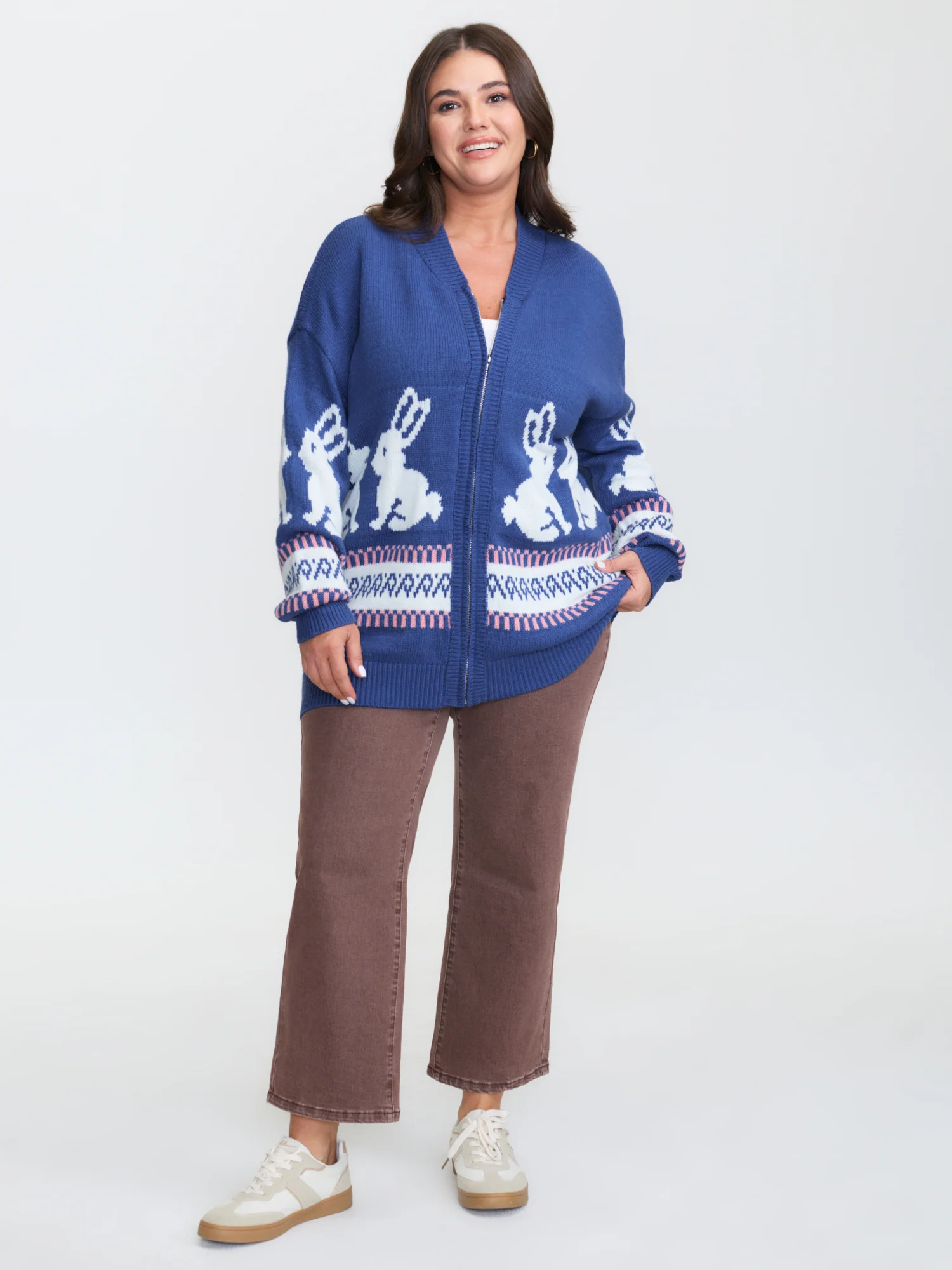 Rabbit Pattern Zipper Baseball Collar Knit Cardigan - Image 3