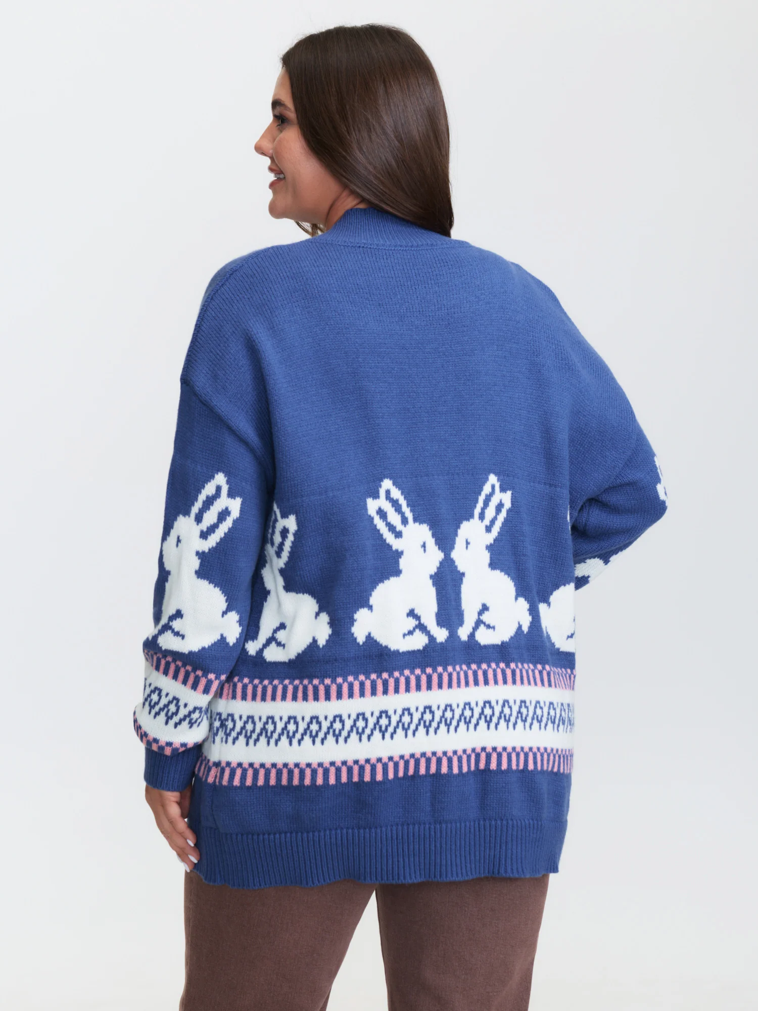 Rabbit Pattern Zipper Baseball Collar Knit Cardigan - Image 4
