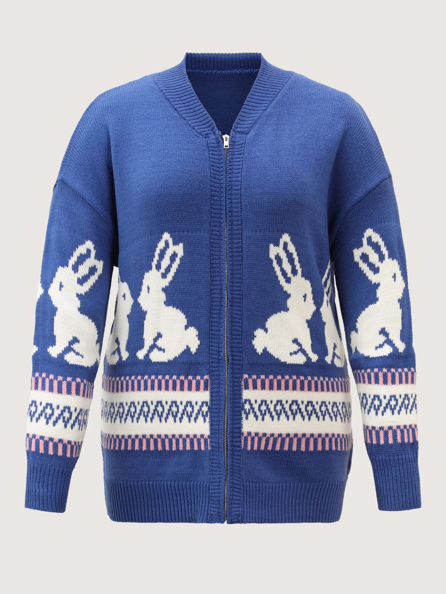 Rabbit Pattern Zipper Baseball Collar Knit Cardigan - Image 5