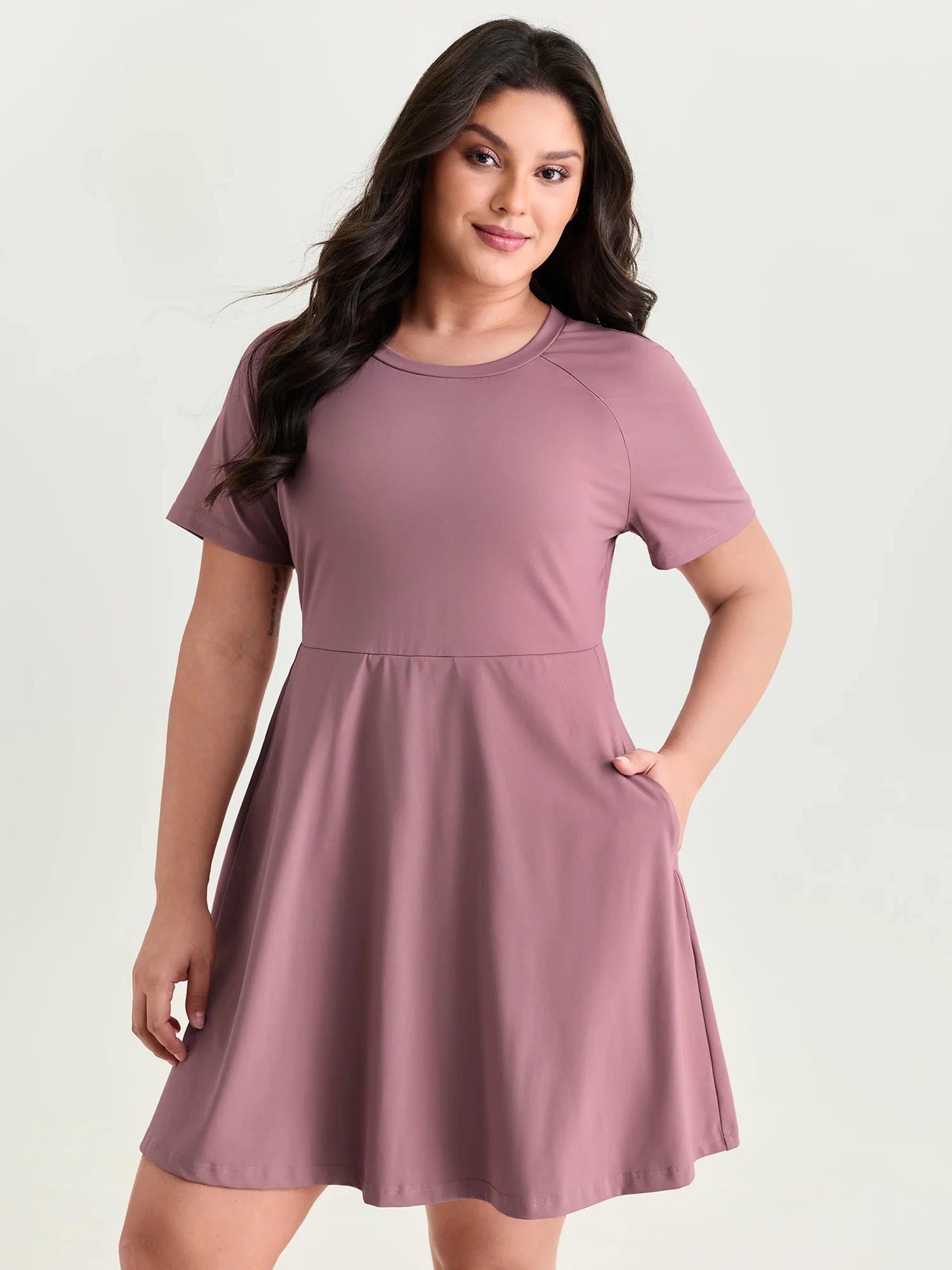 Raglan Sleeve Plain Round Neck Mini Dress