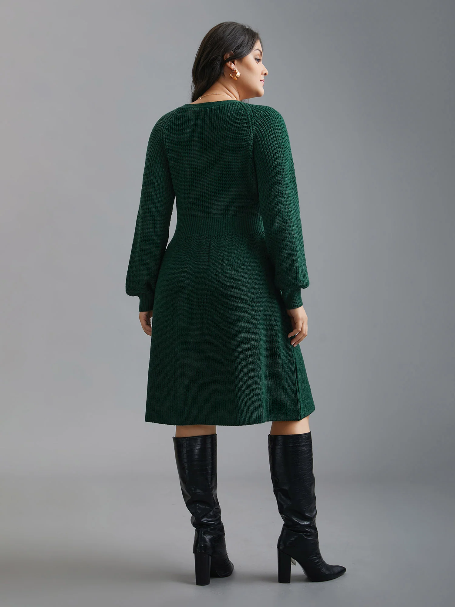 Raglan Sleeve Textured Button Detailing Dress - Image 2