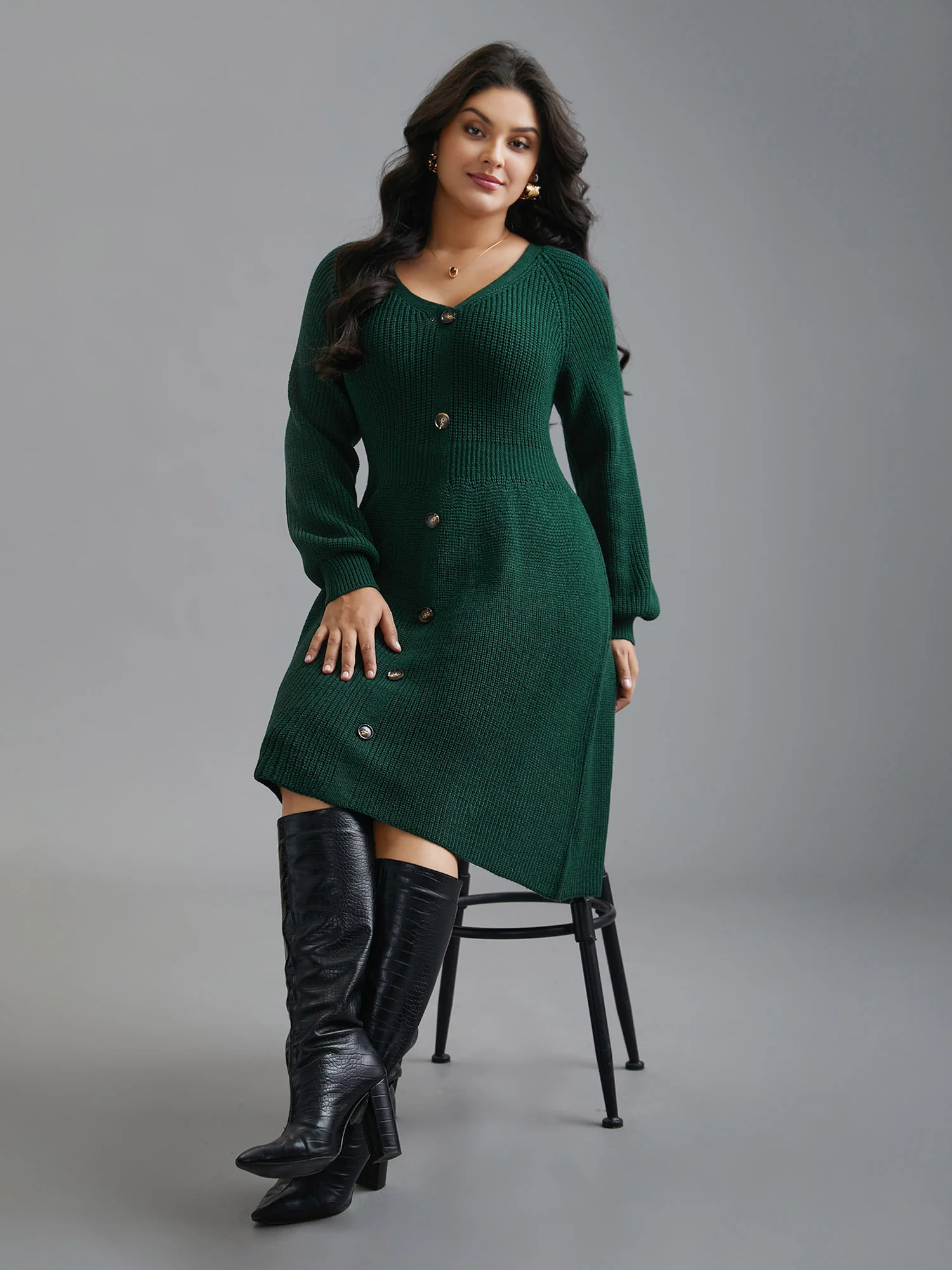 Raglan Sleeve Textured Button Detailing Dress - Image 4