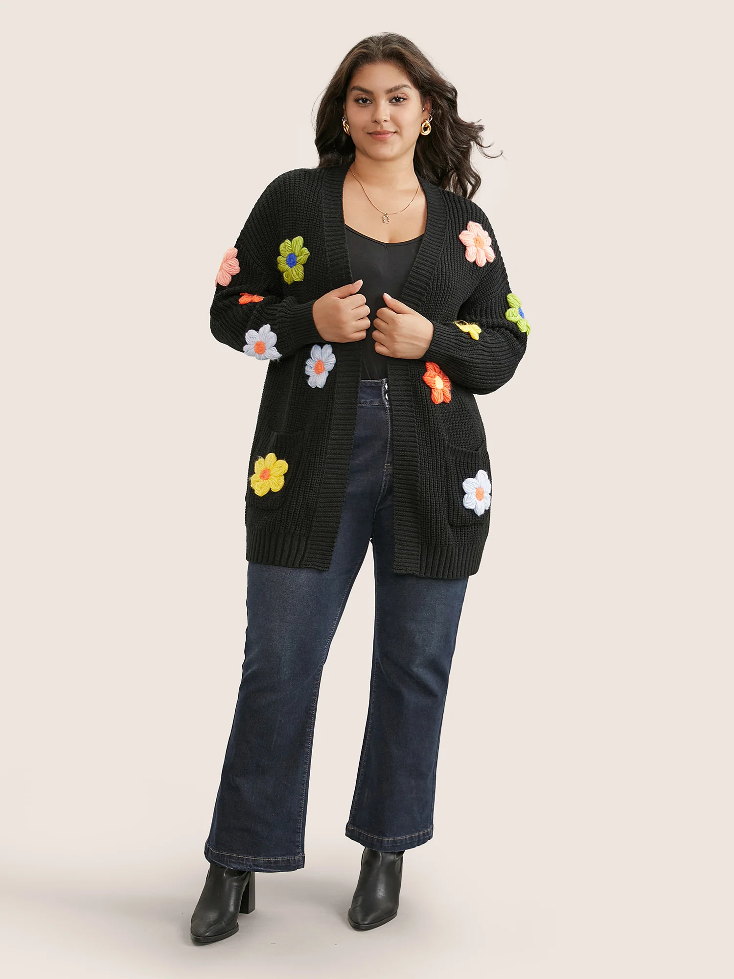 Rainbow Floral Pocket Open Front Cardigan - Image 2