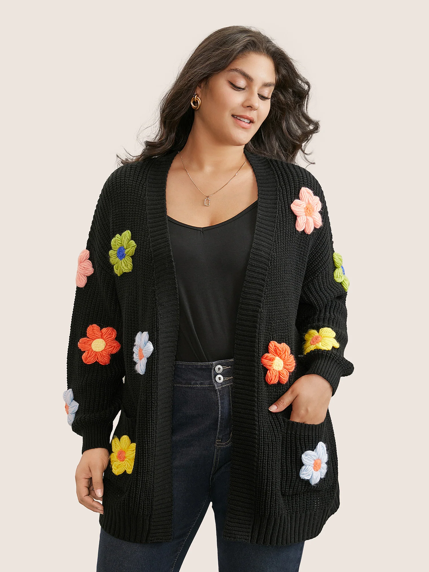 Rainbow Floral Pocket Open Front Cardigan - Image 3
