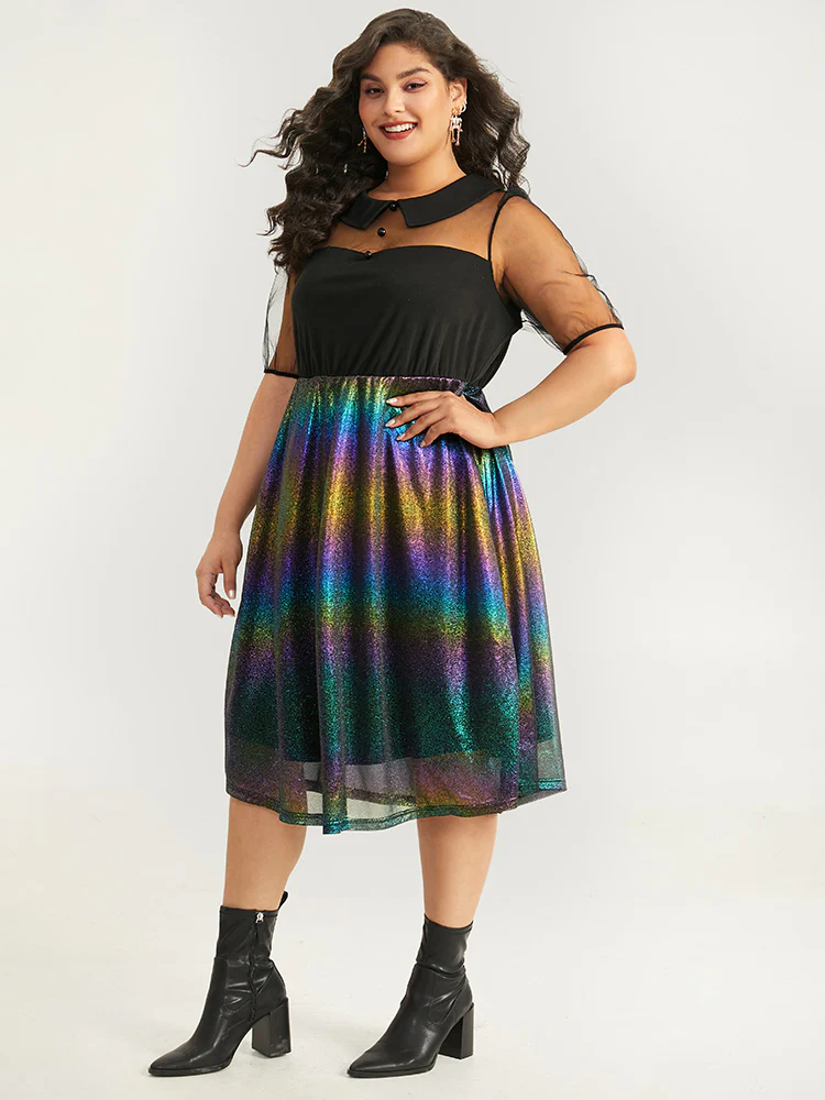Halloween Rainbow Glitter Mesh Lapel Collar Dress - Image 3