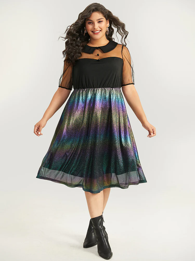 Halloween Rainbow Glitter Mesh Lapel Collar Dress - Image 4