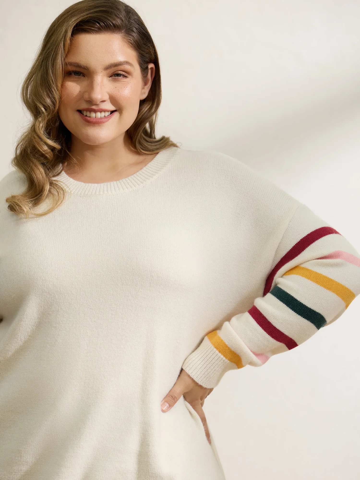 Rainbow Stripe Sleeve Contrast Pullover - Image 2