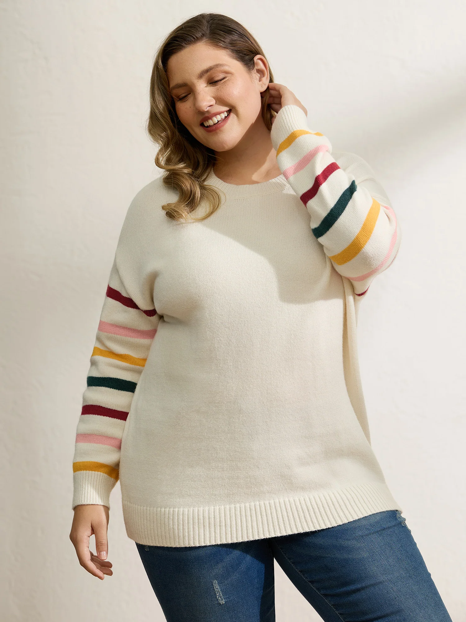 Rainbow Stripe Sleeve Contrast Pullover - Image 3