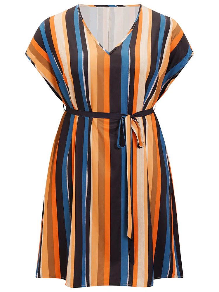 Rainbow Striped Batwing Sleeve Pocket Belt Dress - Image 10