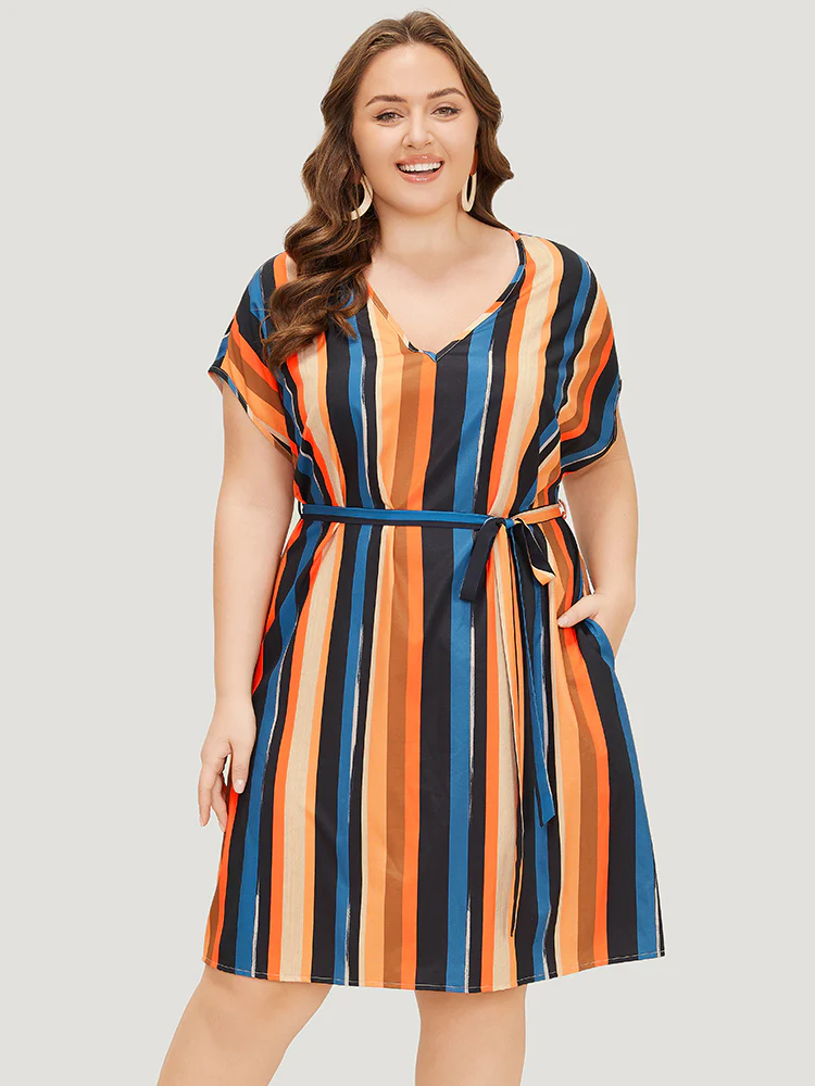 Rainbow Striped Batwing Sleeve Pocket Belt Dress - Image 2