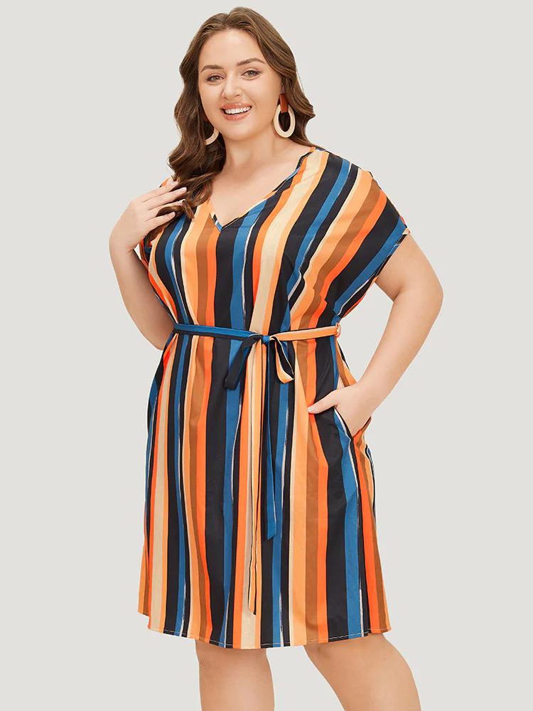 Rainbow Striped Batwing Sleeve Pocket Belt Dress - Image 3