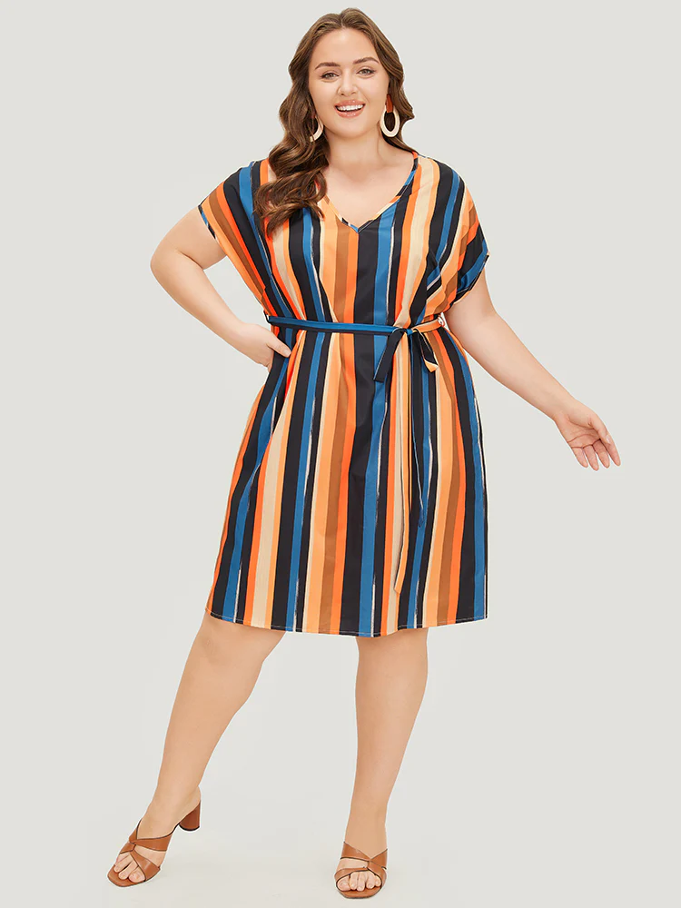 Rainbow Striped Batwing Sleeve Pocket Belt Dress - Image 4