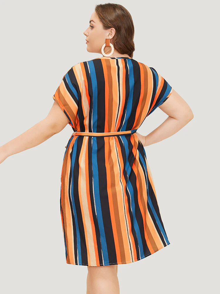 Rainbow Striped Batwing Sleeve Pocket Belt Dress - Image 5