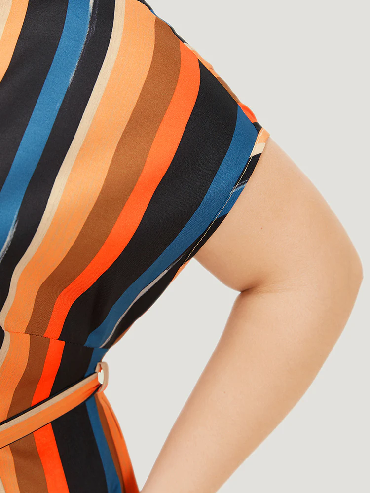 Rainbow Striped Batwing Sleeve Pocket Belt Dress - Image 9