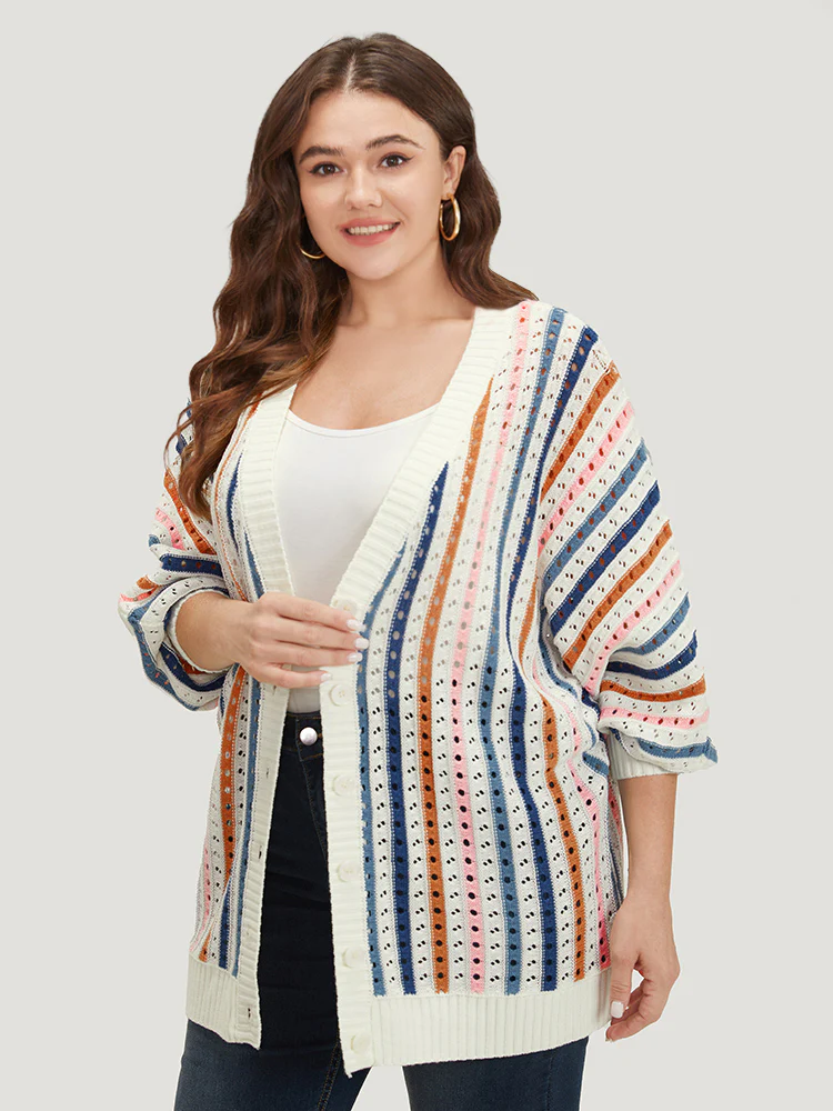 Rainbow Striped Button Through Eyelet Cardigan - Image 3