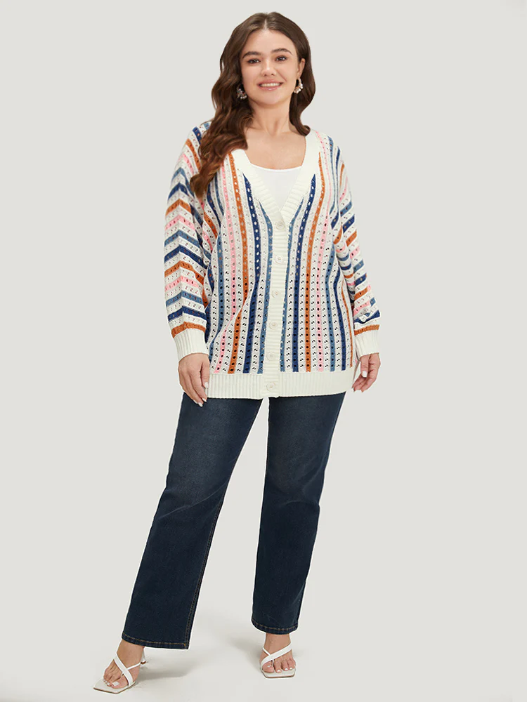 Rainbow Striped Button Through Eyelet Cardigan - Image 4