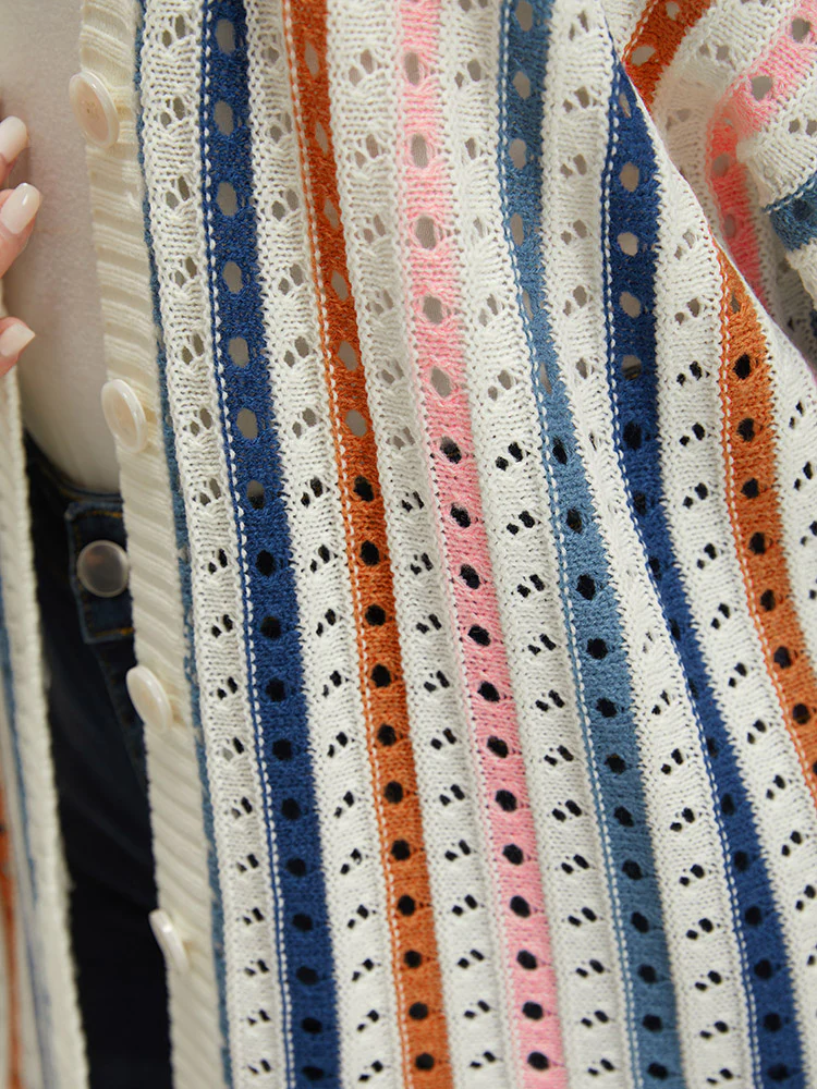 Rainbow Striped Button Through Eyelet Cardigan - Image 8