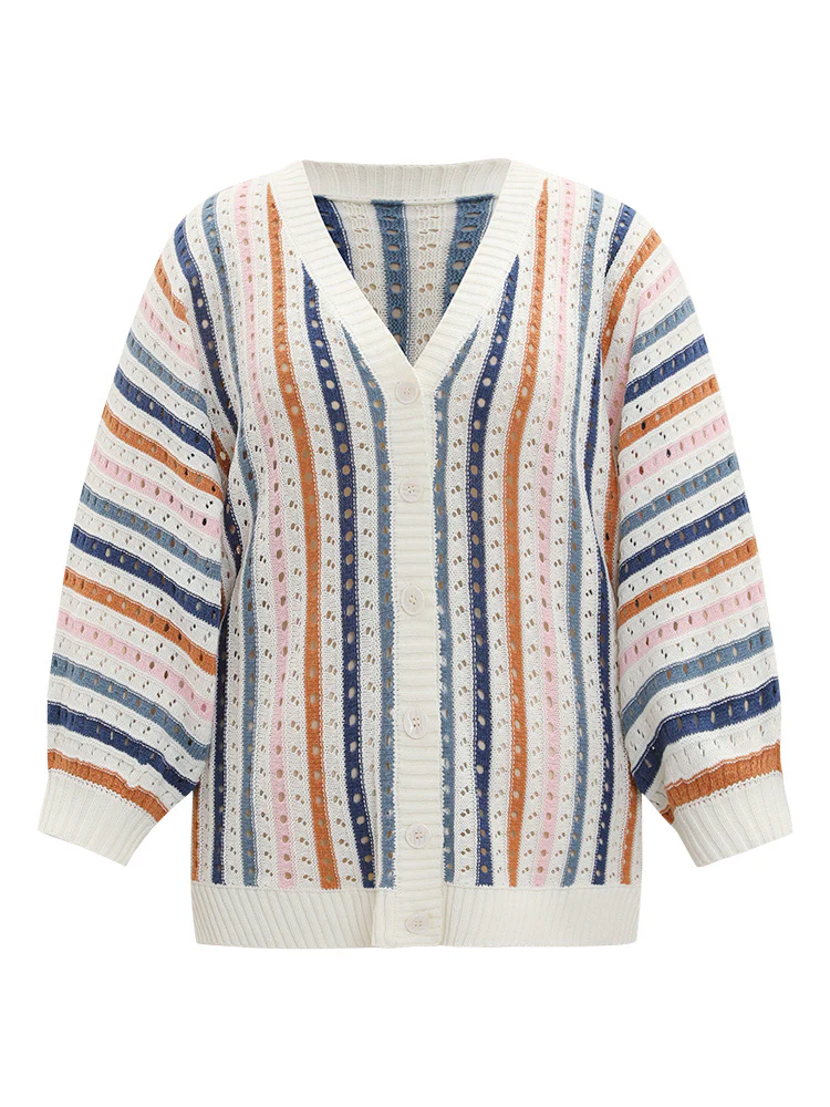 Rainbow Striped Button Through Eyelet Cardigan - Image 9