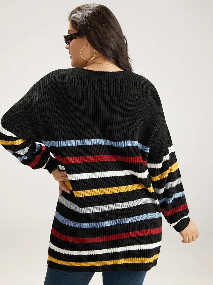 Rainbow Striped Drop Shoulder Lantern Sleeve Pullover - Image 2