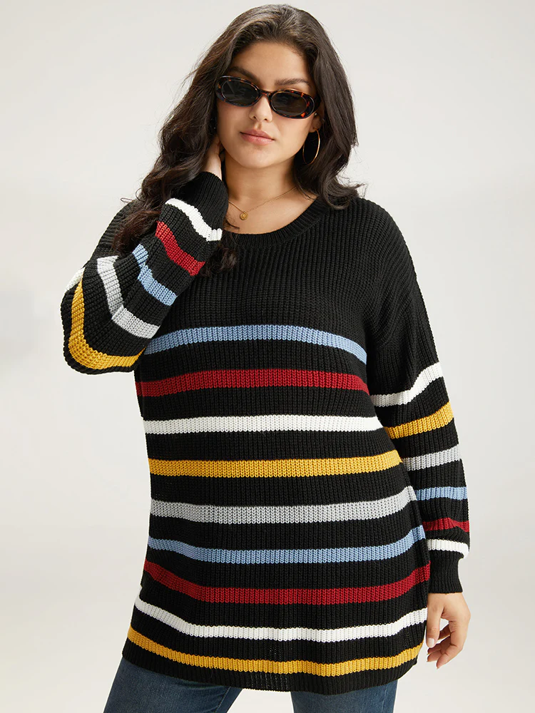 Rainbow Striped Drop Shoulder Lantern Sleeve Pullover - Image 3