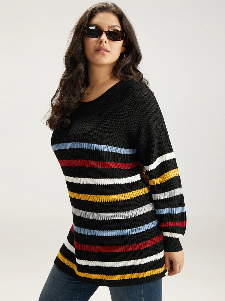Rainbow Striped Drop Shoulder Lantern Sleeve Pullover - Image 4
