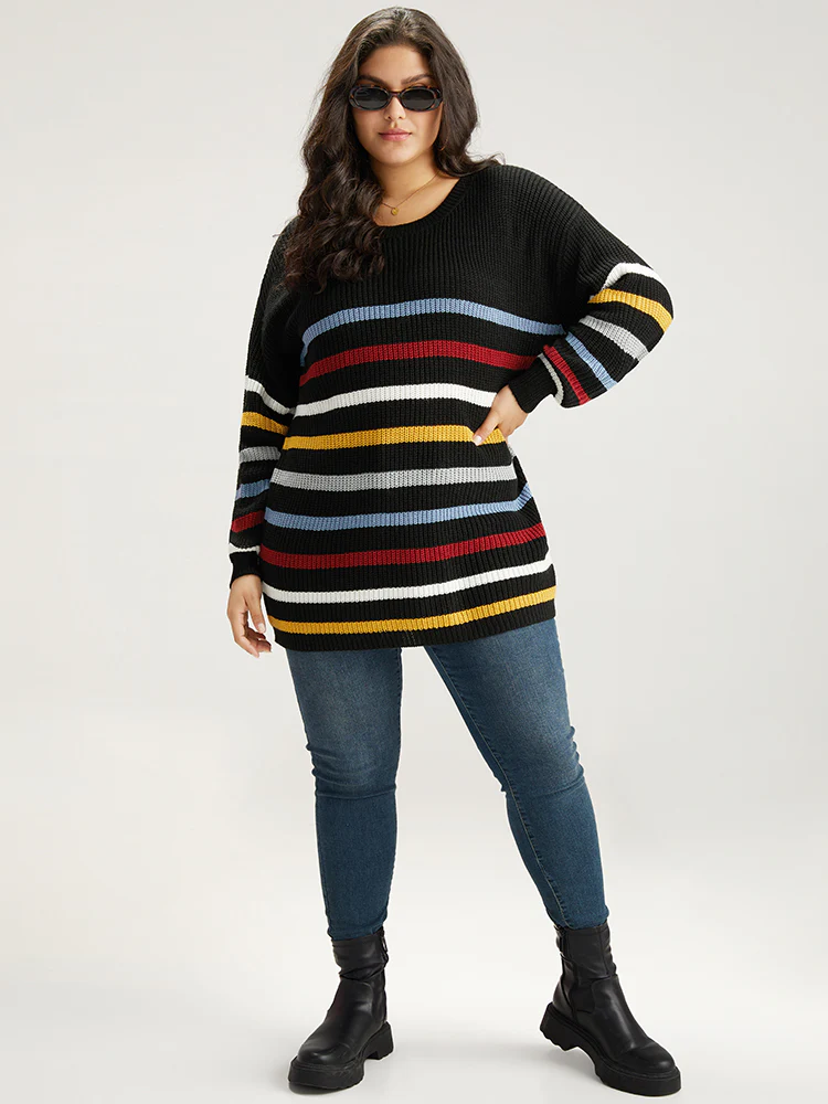 Rainbow Striped Drop Shoulder Lantern Sleeve Pullover - Image 5