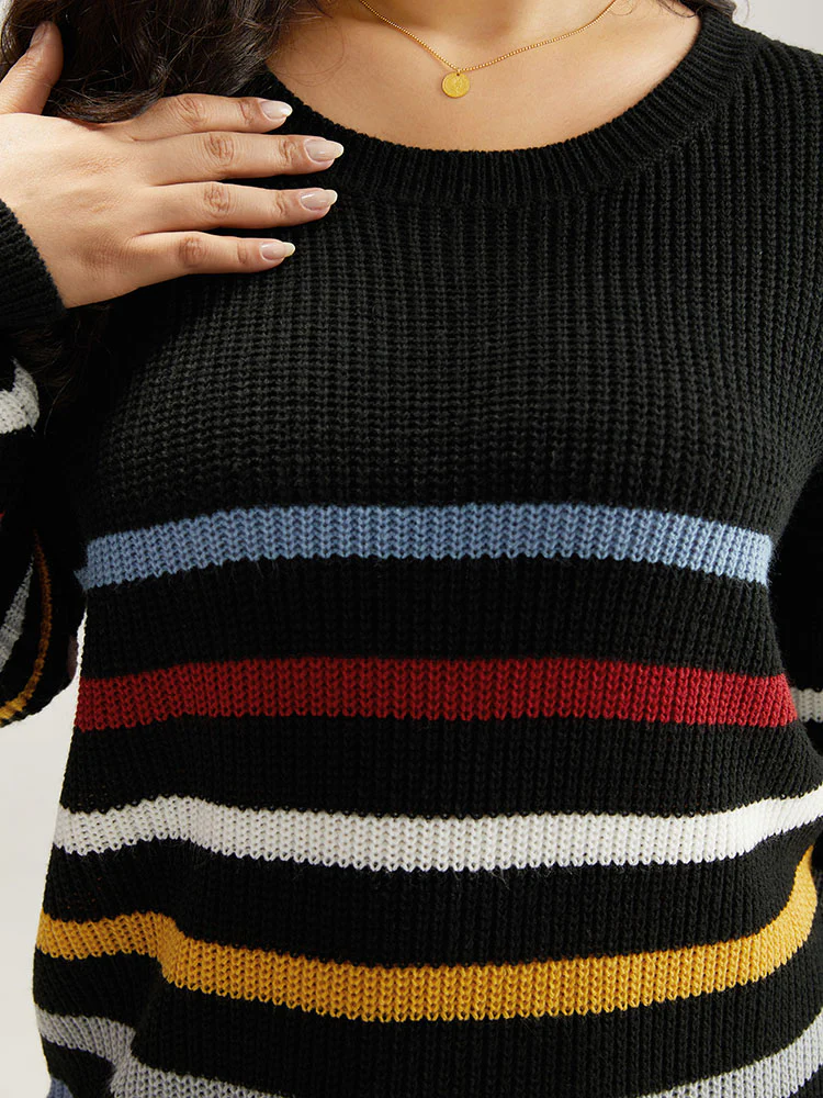 Rainbow Striped Drop Shoulder Lantern Sleeve Pullover - Image 6