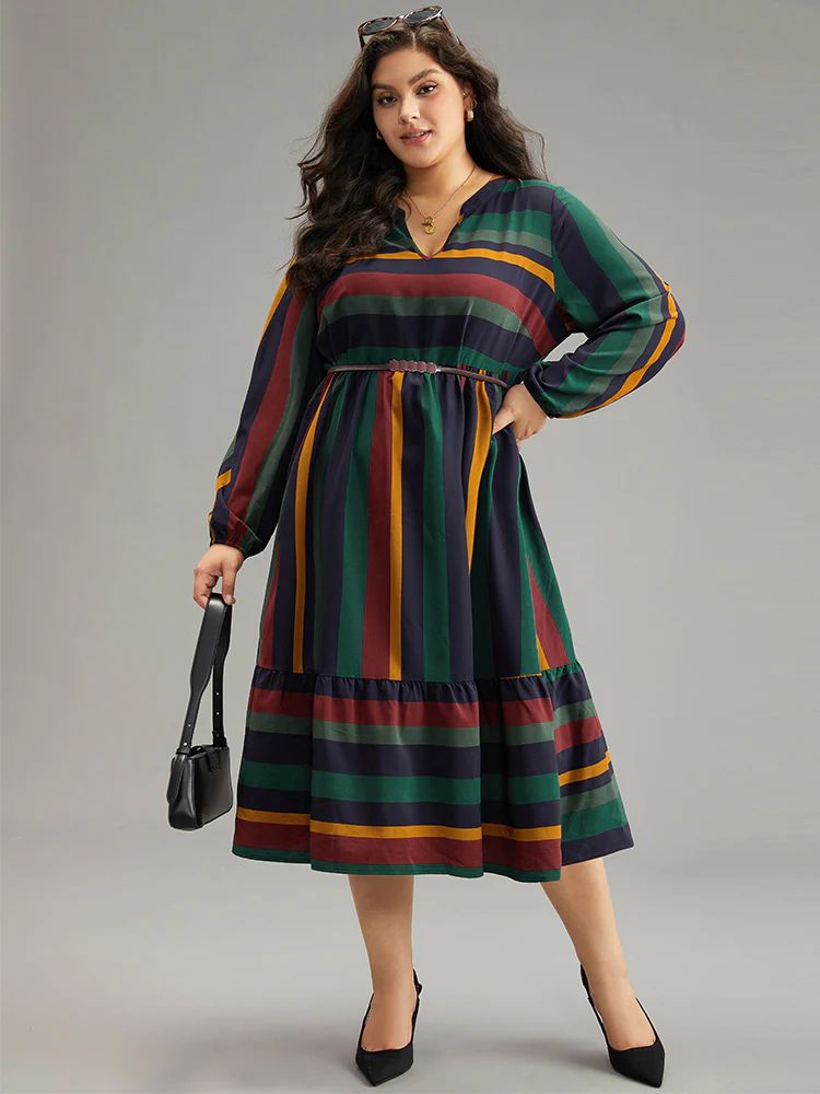 Rainbow Striped Notched Patchwork Dress