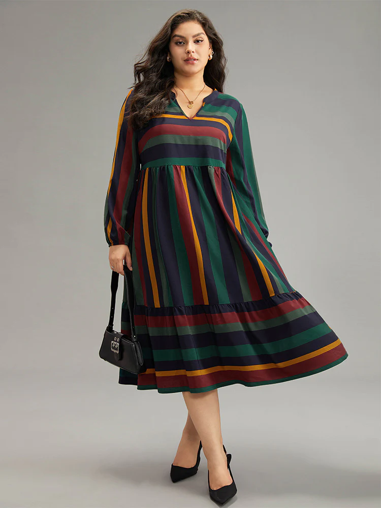 Rainbow Striped Notched Patchwork Dress - Image 2