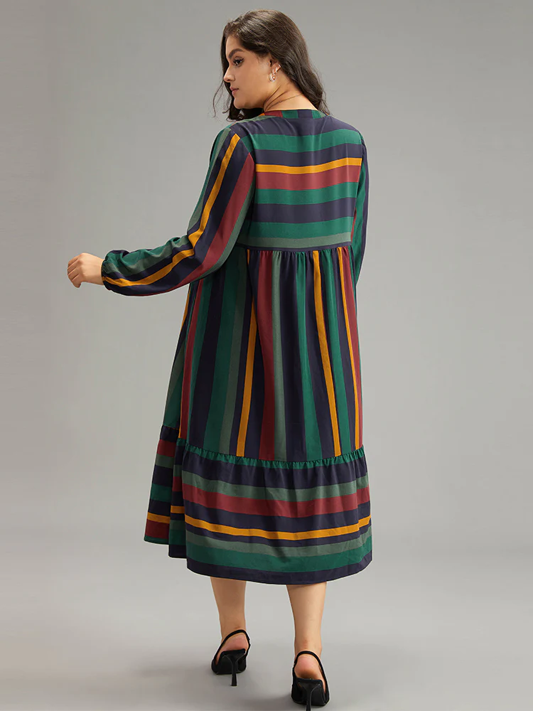 Rainbow Striped Notched Patchwork Dress - Image 3