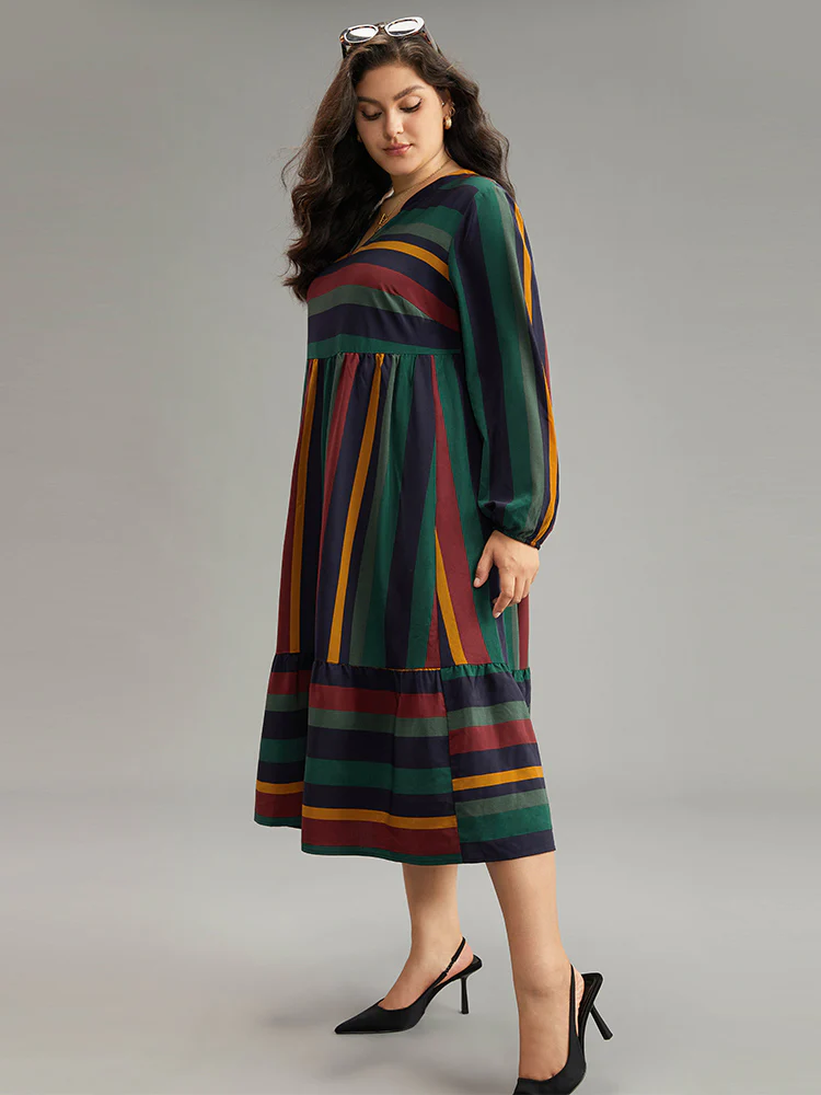 Rainbow Striped Notched Patchwork Dress - Image 4
