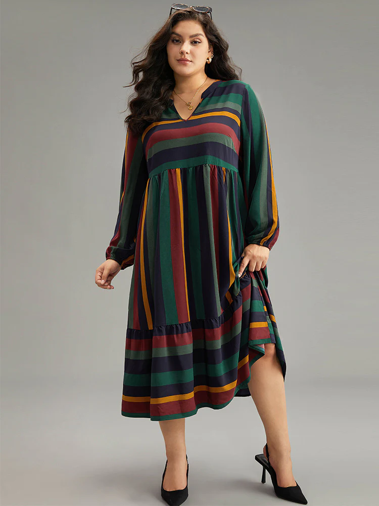 Rainbow Striped Notched Patchwork Dress - Image 5