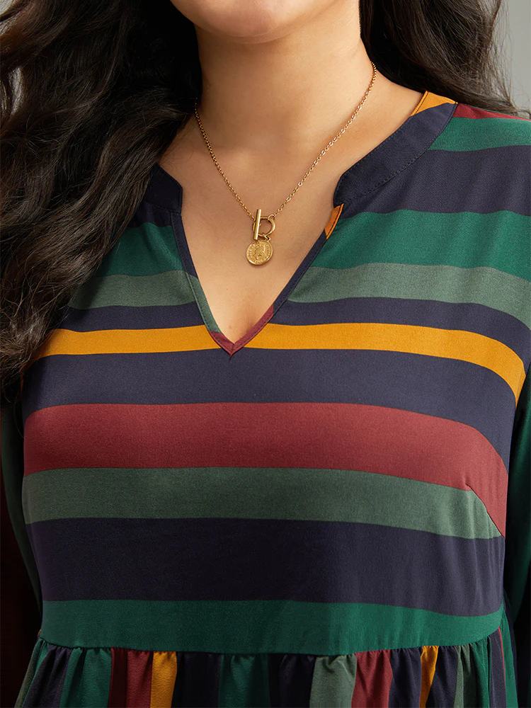 Rainbow Striped Notched Patchwork Dress - Image 6