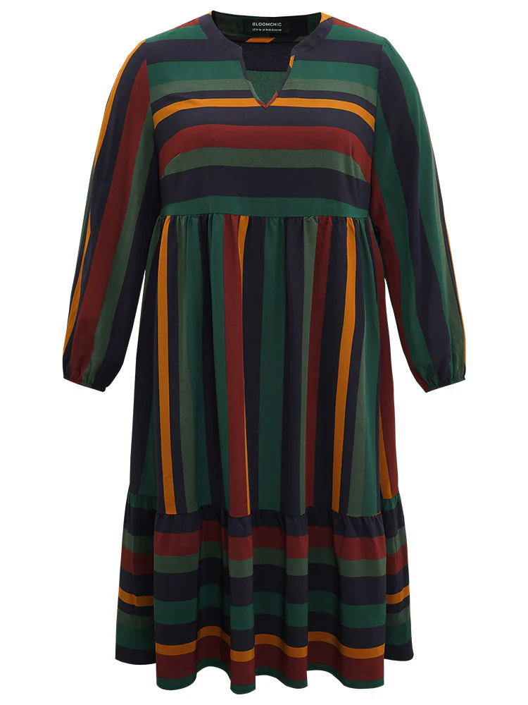 Rainbow Striped Notched Patchwork Dress - Image 8