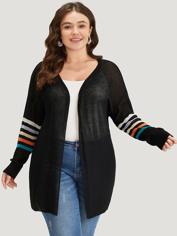 Rainbow Striped Open Front Drop Shoulder Cardigan - Image 3