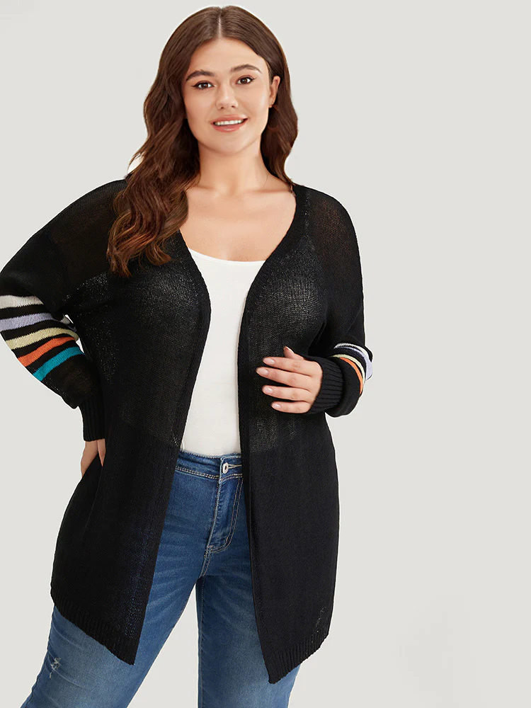 Rainbow Striped Open Front Drop Shoulder Cardigan - Image 4
