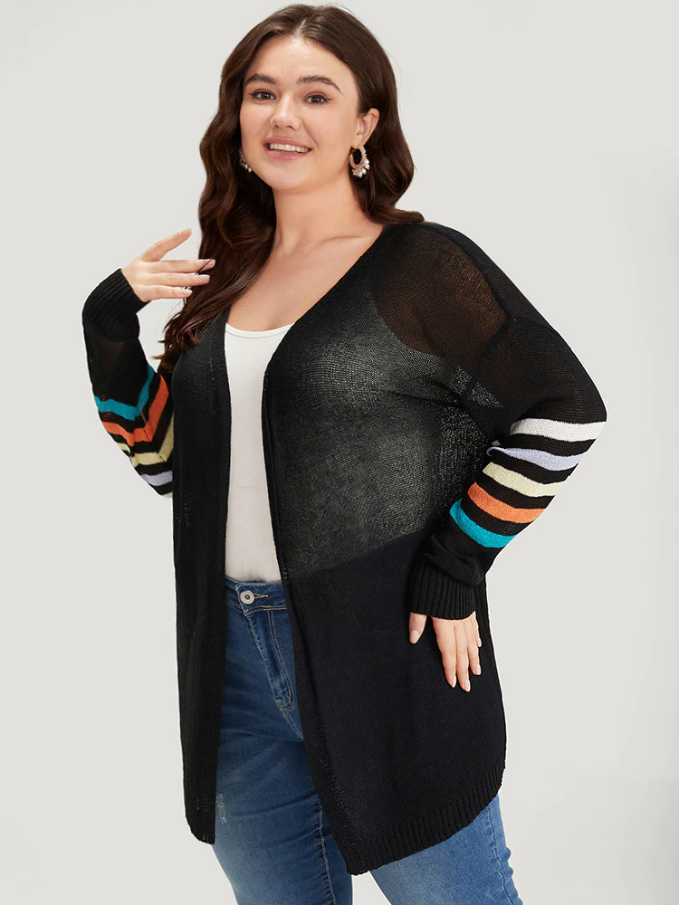 Rainbow Striped Open Front Drop Shoulder Cardigan - Image 5