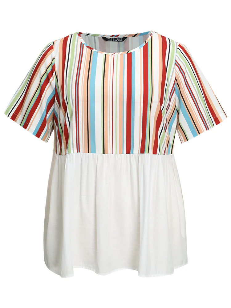Rainbow Striped Patchwork Gathered Blouse - Image 10